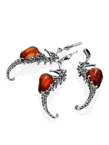 Sea Horse Design Silver Amber Earrings, image , picture 4
