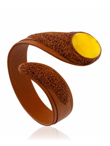 Safari Style Leather Cuff Bracelet With Amber Centerstone, image 