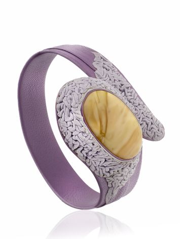 Lilac Leather Bracelet With Honey Colored Amber Centerstone, image 