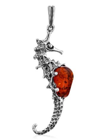Sea Horse Design Silver Amber Pendant, image 