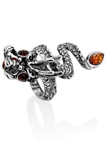 Dragon Design Silver Amber Ring, Ring Size: Adjustable, image 