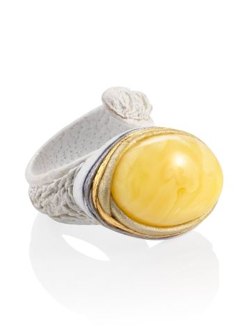 Exclusive White Leather Flexible Ring With Natural Amber, Ring Size: Adjustable, image 
