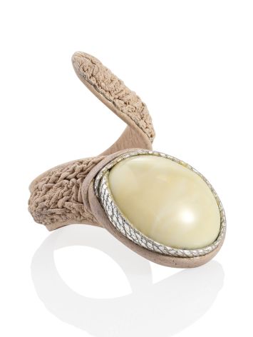 Beige Leather Flexible Ring With Amber, Ring Size: Adjustable, image 