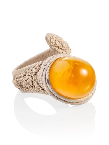 Safari Style Leather Ring With Natural Amber Centerstone, Ring Size: Adjustable, image 