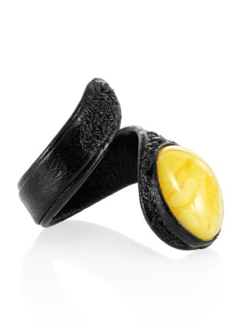 Flexible Leather Ring With Natural Amber Centerstone, Ring Size: Adjustable, image 