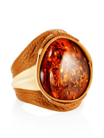 Fabulous Cognac Amber In Leather Ring, Ring Size: Adjustable, image 