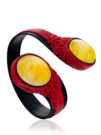 Black And Red Leather Bracelet With Amber Centerstone, image 