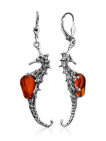 Sea Horse Design Silver Amber Earrings, image 