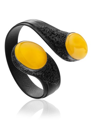 Designer Dark Leather Bracelet With Honey Colored Amber, image 