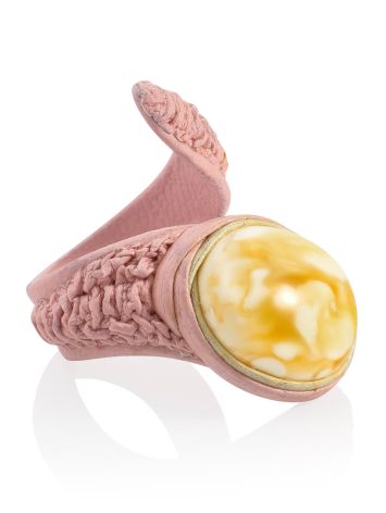 Pinkish Leather Ring With Amber Centerstone, Ring Size: Adjustable, image 