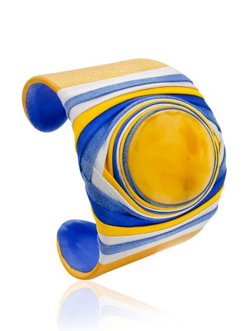 Blue And Yellow Leather Cuff Bracelet With Natural Amber, image 