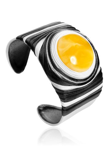 Black And White Leather Cuff Bracelet With Amber Centerstone, image 