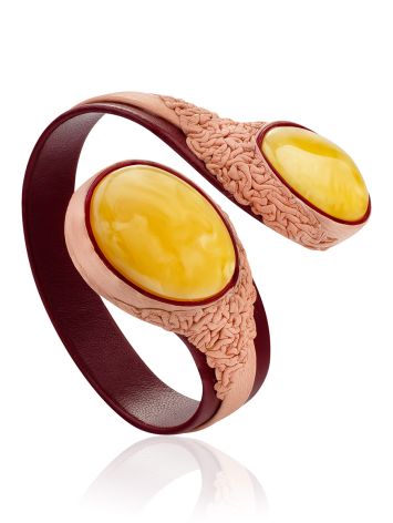 Two-Toned Leather Cuff Bracelet With Natural Amber Centerstone, image 