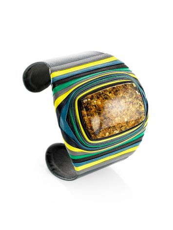 Wide Mix Color Leather Cuff Bracelet With Natural Green Amber, image 