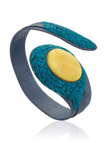 Fabulous Blue Leather Bracelet With Natural Amber, image 