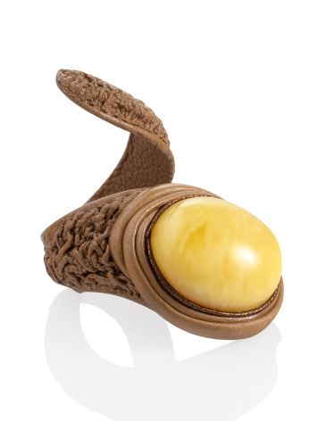 Boho Chic Brown Leather Ring With Natural Amber, Ring Size: Adjustable, image 