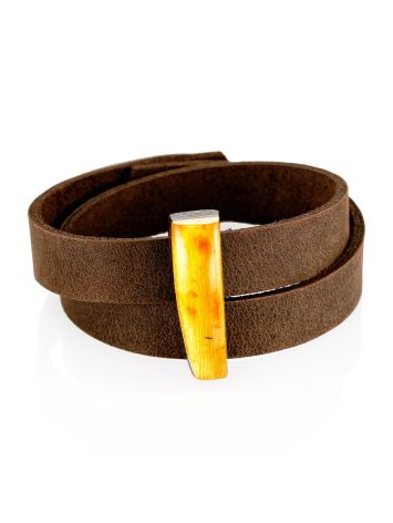 Stylish Leather Bracelet With Amber And Wood, image 