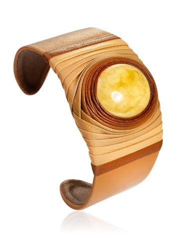 Wide Brown Leather Cuff Bracelet With Amber, image 