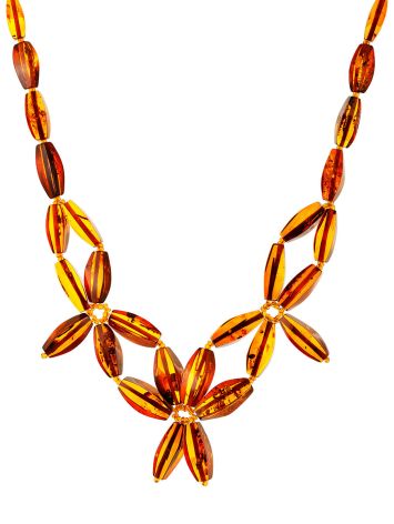 Floral Motif Cognac Amber Choker Necklace, image 