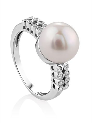 Ultra Stylish Pearl Ring With Crystals, Ring Size: 6.5 / 17, image 