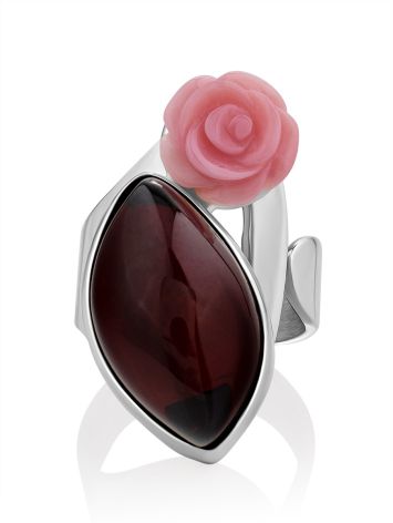 Floral Motif Amber Cocktail Ring With Oyster Shell, Ring Size: Adjustable, image , picture 3