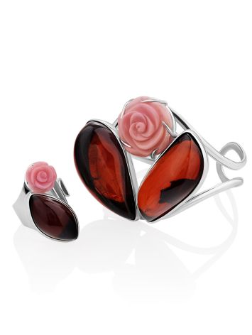 Floral Motif Amber Cocktail Ring With Oyster Shell, Ring Size: Adjustable, image , picture 4