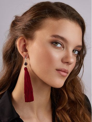 Flamboyant Design Garnet Earrings With Silk Tassels, image , picture 3