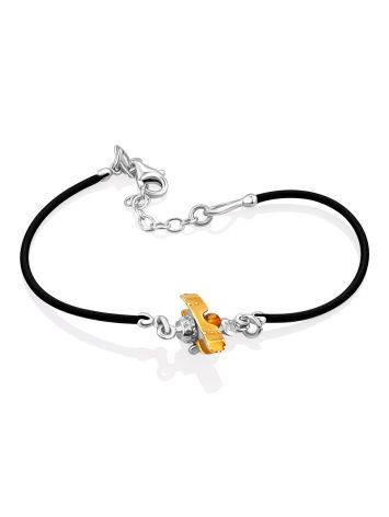 Playful Design Rubber Bracelet With Cute Gilded Plane And Natural Amber, image 