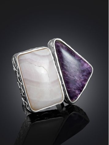 Bold Geometric Design Ring With Charoite And Aragonite The Bella Terra, Ring Size: Adjustable, image , picture 2