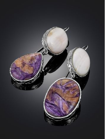 Asymmetric Dangle Earrings With Aragonite And Charoite The Bella Terra, image , picture 2