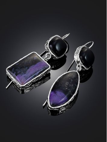 Asymmetric Design Charoite And Onyx Earrings The Bella Terra, image , picture 2