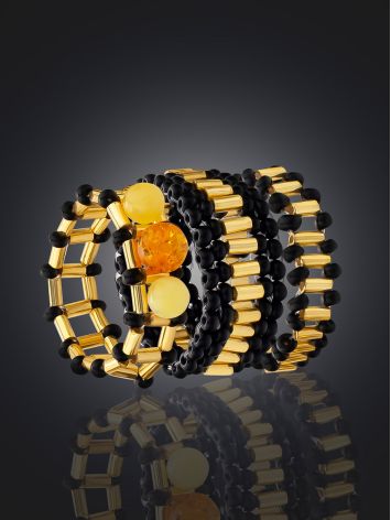 Summery Japanese Seed Bead Set Of Rings With Amber The Link, Ring Size: Adjustable, image , picture 2