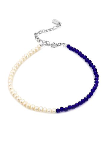 Two Tone Bracelet With Pearl And Blue Spinel The Link, image 