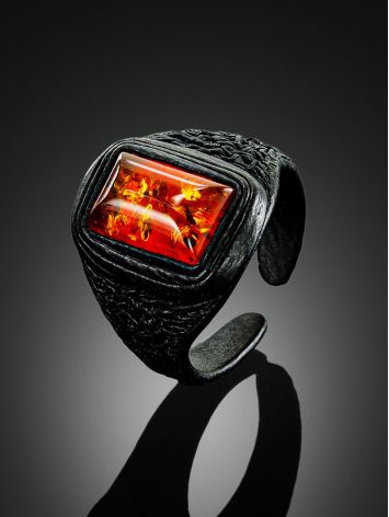 Black Leather Amber Adjustable Ring The Nefertiti, Ring Size: Adjustable, image , picture 2