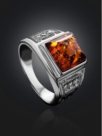 Classic Men's Signet Ring With Cognac Amber In Sterling Silver The Cesar, Ring Size: 8 / 18, image , picture 2
