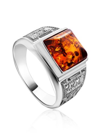 Classic Men's Signet Ring With Cognac Amber In Sterling Silver The Cesar, Ring Size: 8 / 18, image 