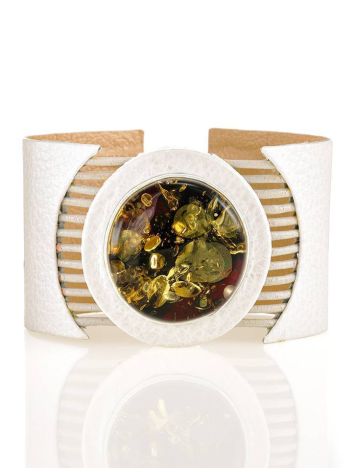 Handcrafted White Leather Bracelet With Green Amber The Amazon, image 