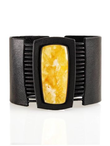 Handcrafted Dark Leather Bracelet With Honey Amber The Amazon, image 