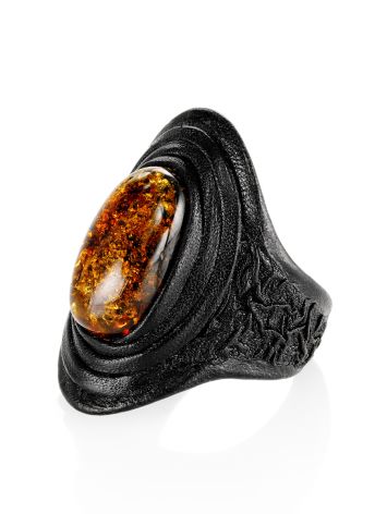 Dark Leather Open Ring With Lemon Amber The Nefertiti, Ring Size: Adjustable, image , picture 3