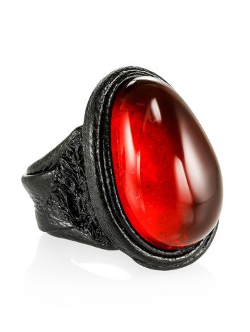 Dark Leather Open Ring With Lemon Amber The Nefertiti, Ring Size: Adjustable, image 