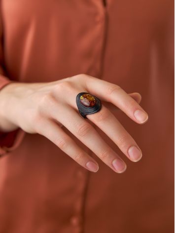 Dark Leather Open Ring With Lemon Amber The Nefertiti, Ring Size: Adjustable, image , picture 4
