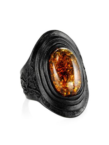 Dark Leather Open Ring With Lemon Amber The Nefertiti, Ring Size: Adjustable, image 
