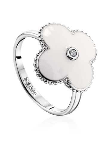 White Enamel Clover Shaped Ring With Diamond The Heritage, Ring Size: 8 / 18, image 