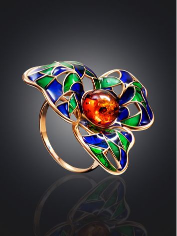 Bold Gold-Plated Ring With Cognac Amber And Enamel The Verona, Ring Size: 10 / 20, image , picture 2