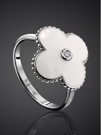 White Enamel Clover Shaped Ring With Diamond The Heritage, Ring Size: 6 / 16.5, image , picture 2