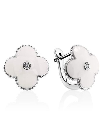 White Enamel Floral Earrings With Diamonds The Heritage, image 