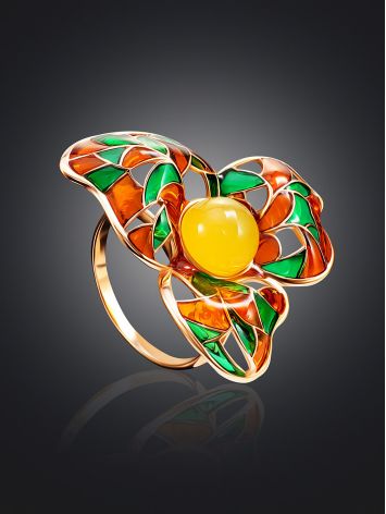 Colorful Enamel Ring With Honey Amber In Gold-Plated Silver The Verona, Ring Size: 11.5 / 21, image , picture 2