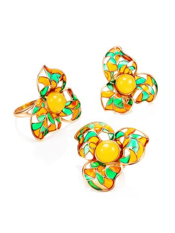 Colorful Enamel Ring With Honey Amber In Gold-Plated Silver The Verona, Ring Size: 11.5 / 21, image , picture 5