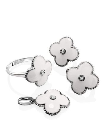 White Enamel Clover Shaped Ring With Diamond The Heritage, Ring Size: 6 / 16.5, image , picture 4
