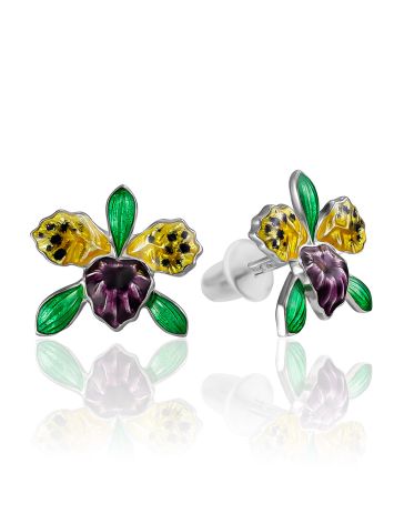 Floral Motif Stud Earrings With Enamel, image 